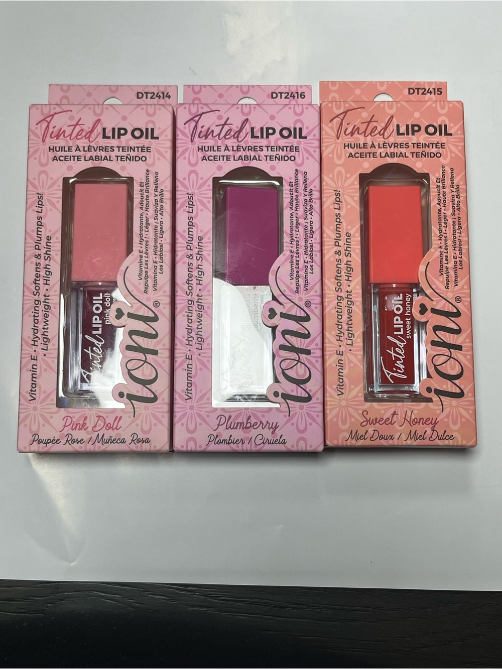 ICON Tinted Lip Oil Trio Pink Doll Plumberry Sweet Honey Hydrating Gloss
